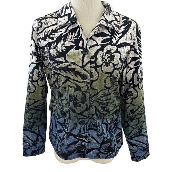 CHICO’S Women's Ombre Floral Jacket Sz S (0) Multicolor Stretch Denim Button Up - Picture 1 of 12